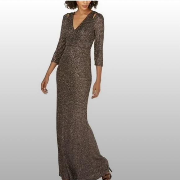 NWOT Calvin Klein Cut Out Sparkle Shimmer Evening Gown Quarter Sleeve Dress 8 - Picture 6 of 17